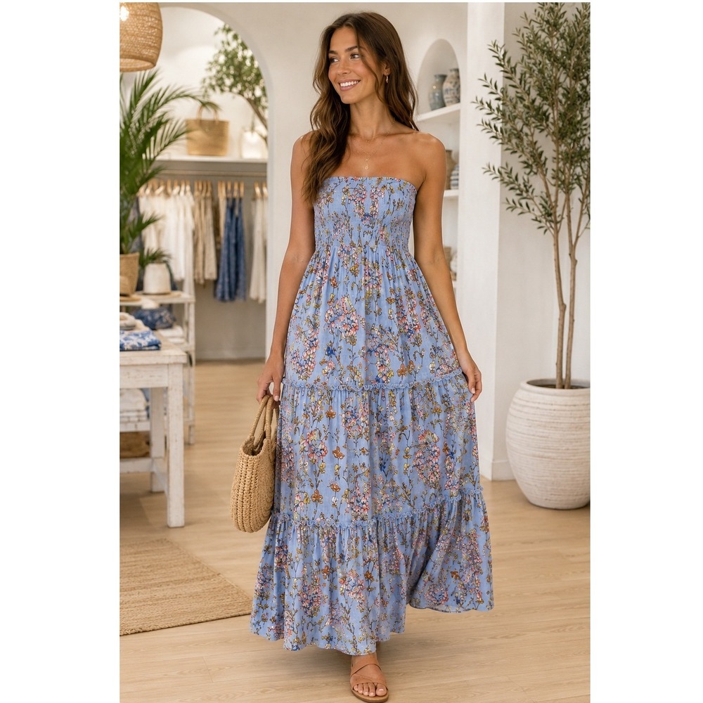 Abel The Label Medium Blue Floral Smocked Strapless Tiered Maxi Dress